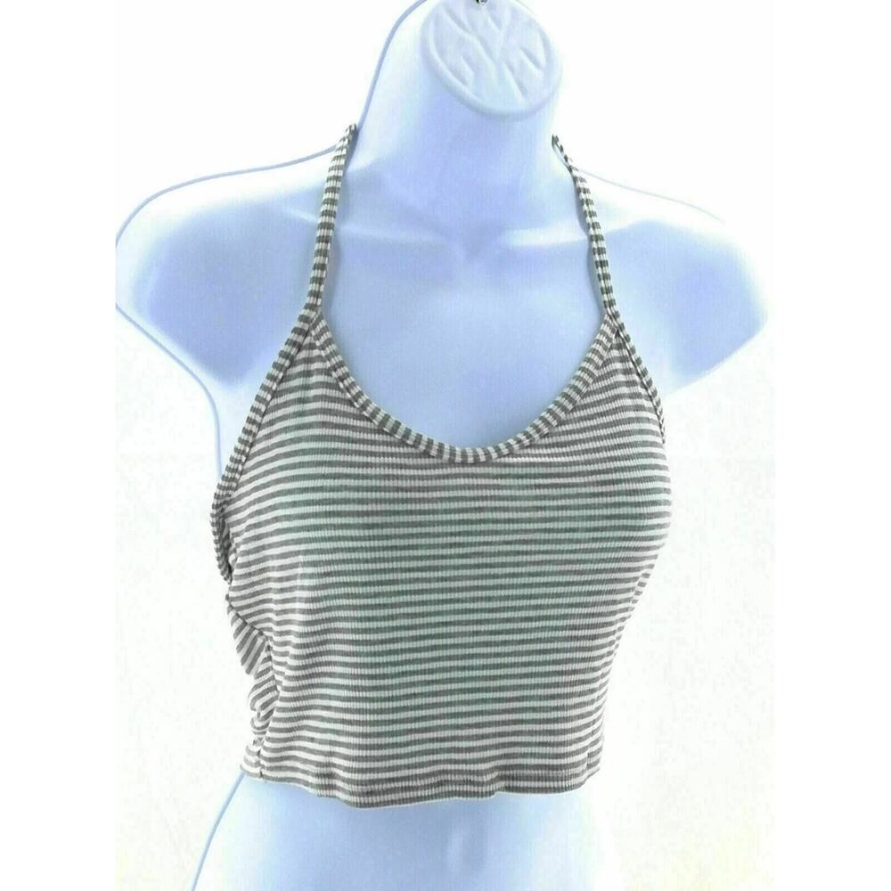 Acemi Gray Ivory Stripe Halter Crop Top Y2K Summer Tank Juniors L USA